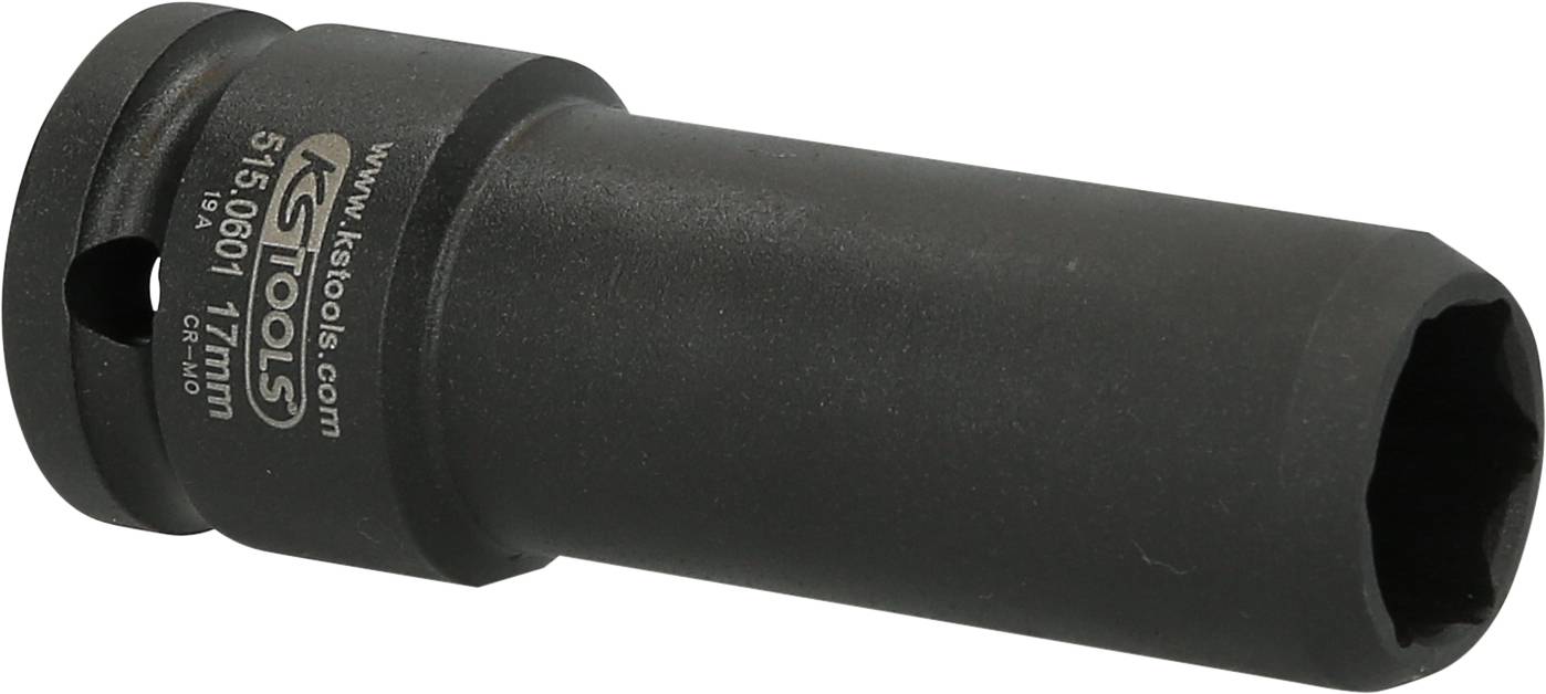 Schwarze Stecknuss mit der Aufschrift 'KS Tools 515.601 17MM',  geeignet für 1/2 Zoll Antrieb, zeigt robuste Bauweise und Material.
