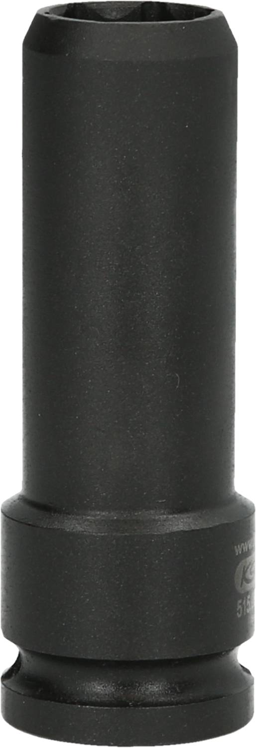 Schwarzes, zylindrisches Metallteil, vermutlich Werkzeugaufsatz oder Adapter, vor weißem Hintergrund.