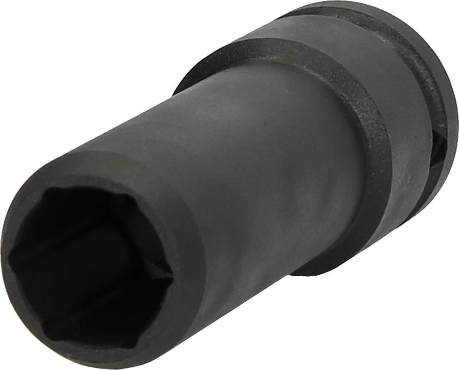 'Schwarzer Steckschlüsselaufsatz' aus Metall. Zylinderform mit sechseckiger Öffnung an einem Ende und geriffelter Oberfläche.