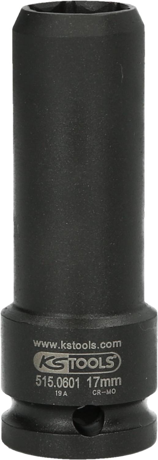 Eine schwarze Stecknuss mit 17 mm Durchmesser, Branding und Modellnummer sichtbar, aus robustem Material für den Werkzeugeinsatz.