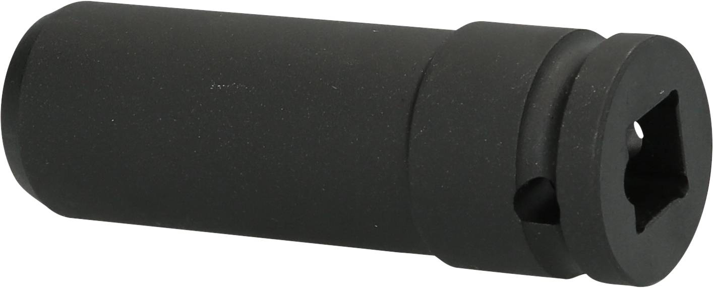 Ein schwarzes, zylindrisches Werkzeug, vermutlich ein Steckschlüsseleinsatz, liegt auf einer weißen Oberfläche.