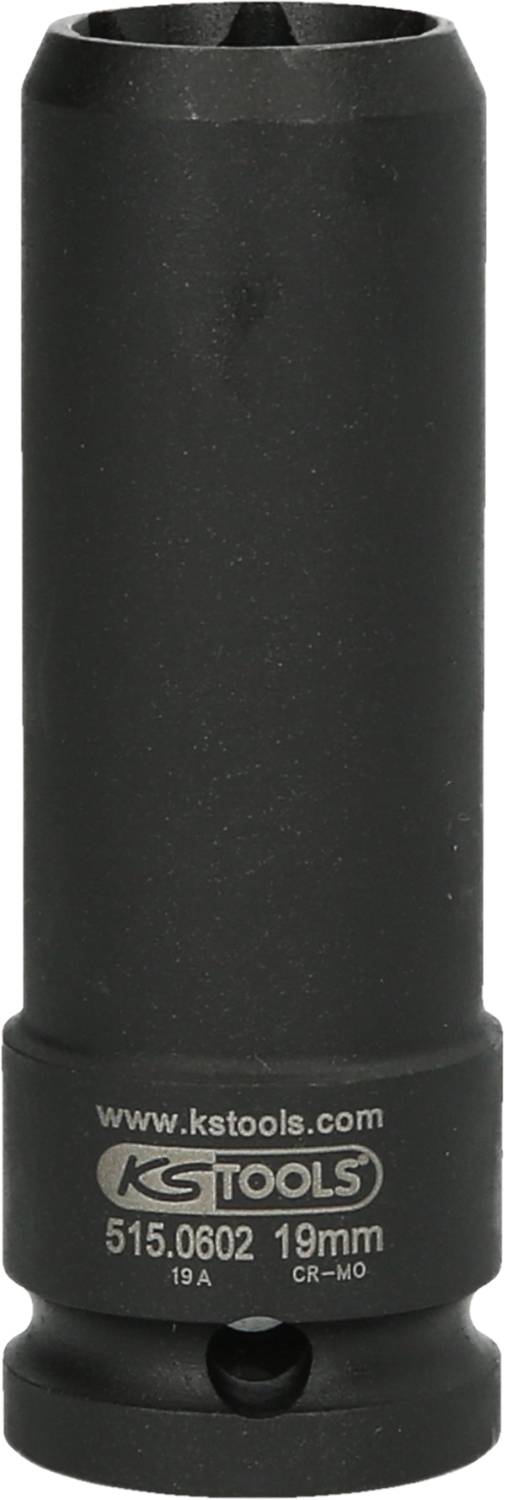 Eine schwarze Stecknuss, Größe 19 mm, mit der Aufschrift 'www.kstools.com' und '515.0602 19mm'.