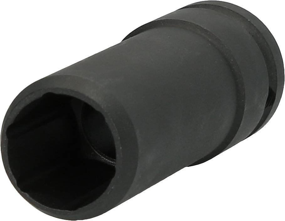 Schwarzes, zylindrisches Werkstück mit Rillen, möglicherweise ein Verbindungselement oder technisches Bauteil.