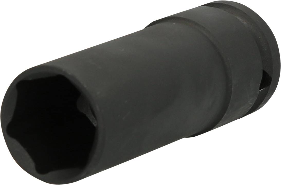 Ein schwarzer Steckschlüssel aus Metall, bekannt als Nuss, mit einer sechseckigen Öffnung, die für das Lösen von Schrauben verwendet wird.