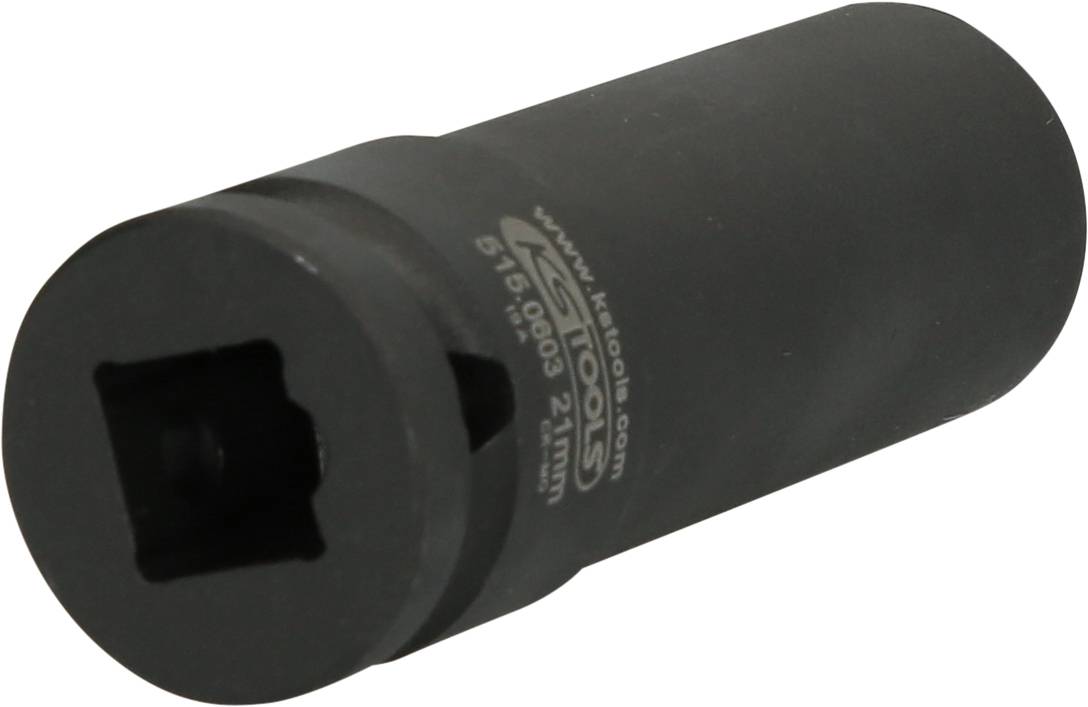 Eine schwarze, zylindrische Stecknuss mit quadratischer Öffnung auf der einen Seite, Aufschrift auf der Oberfläche sichtbar.