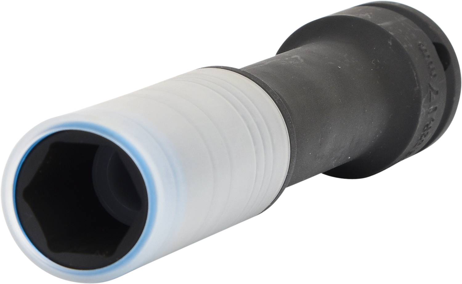 Steckschlüssel mit weißem Griff, sechskantige Öffnung, schwarzer Schaft. Wird zum Lösen oder Anziehen von Schraubenmuttern verwendet.