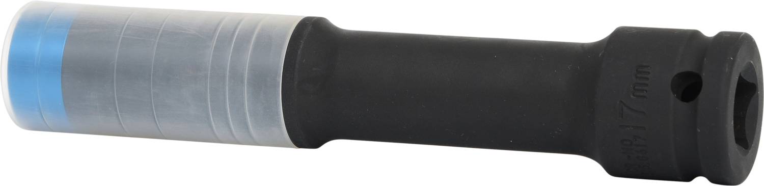 Eine schwarze Sechskantnuss mit blauem Kunststoffschutz, Größe 17 mm. Verwendet zum schonenden Schraubenanziehen bei lackierten Oberflächen.