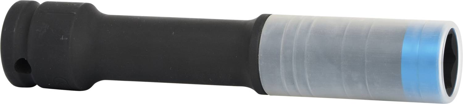 Ein schwarzes zylindrisches Werkzeug mit silberner und blauer Spitze. Wahrscheinlich für technische Zwecke oder als Adapter verwendet.