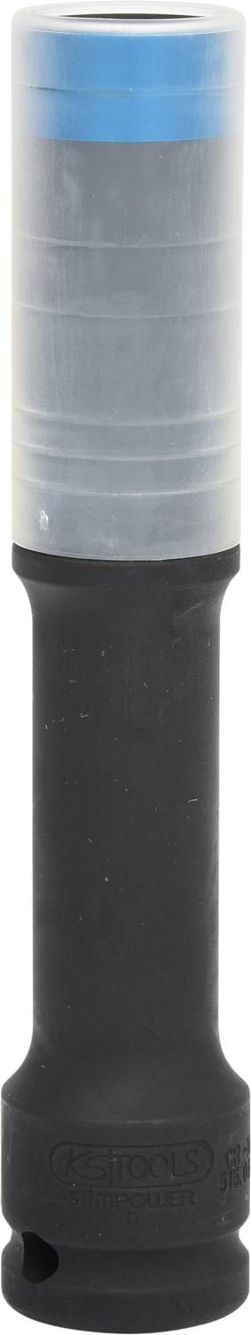 Schwarze Schlaghülse mit blauer und grauer Oberseite, zylindrische Form, oft verwendet in Verbindung mit Schlagschlüsseln.