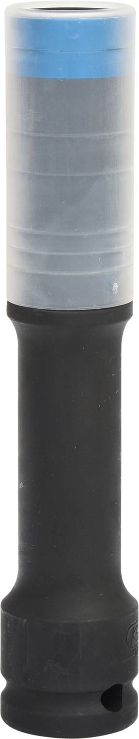 Eine schwarze Taschenlampe mit silbernem Kopf und blauer Spitze zeigt nach oben.