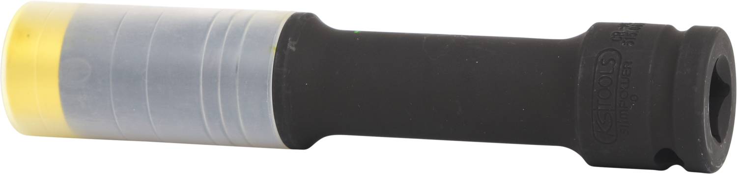 Eine schwarze Schraubnuss mit gelben und silbernen Markierungen rechts. Sie wird oft in Werkzeugsets verwendet.