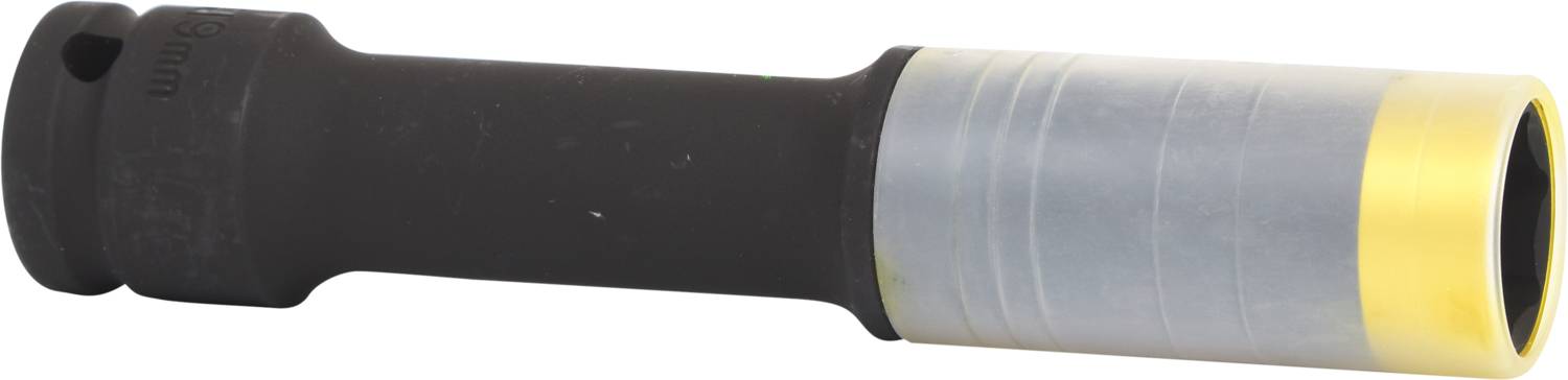 Ein schwarzes Handwerkzeug mit einem grauen und gelben Ende, das eventuell als Steckschlüssel-Aufsatz dient.