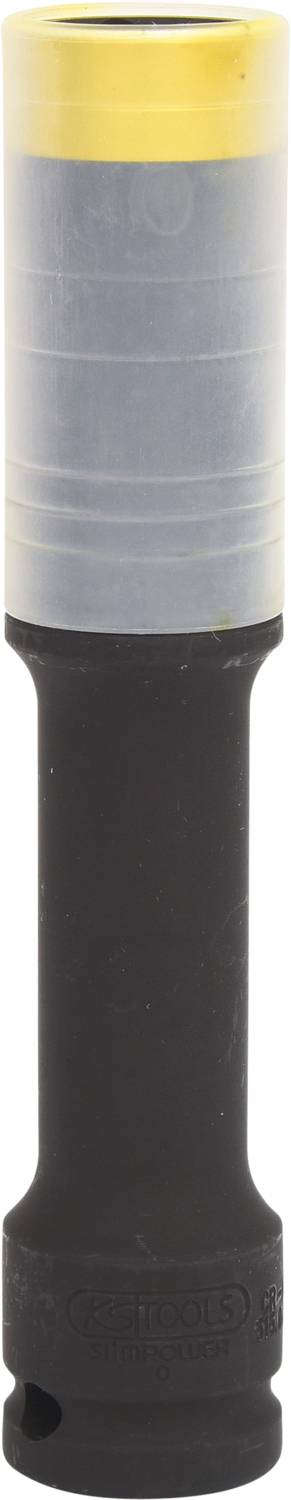 Ein schwarzer und grauer zylindrischer Stoßdämpfer mit gelbem oberen Rand