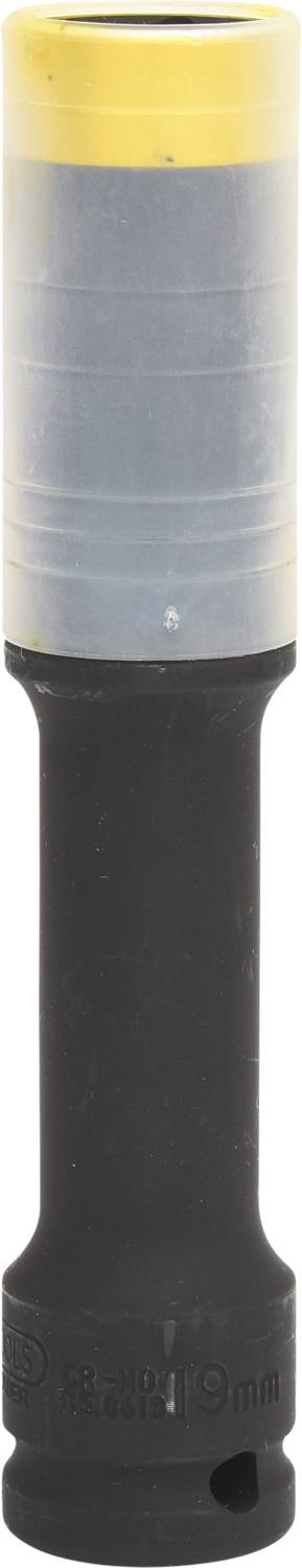 Schwarzer Steckschlüssel mit gelber Spitze und grauer Mitte, verwendet für den professionellen Einsatz in Werkstätten.