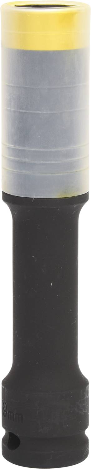 Ein zylindrischer Adapter mit einem gelben Kunststoffende und einem schwarzen Metallgriff. Verwendet für mechanische Anwendungen.