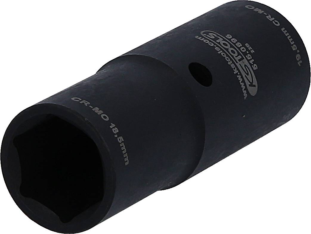 Eine schwarze, zylindrische Stecknuss mit Aufschrift 'CR-MO 18,5 mm', verwendet für Schraubarbeiten.