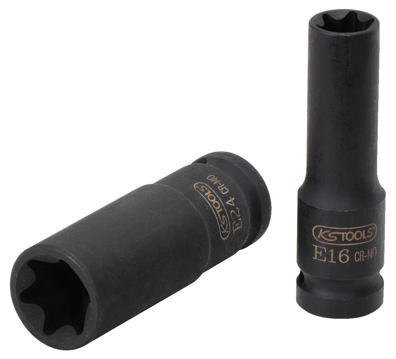Zwei schwarze Stecknüsse mit Rändelung, eine stehend, eine liegend. Markenname 'KS Tools' und Größe 'E16 CR-MO' sichtbar.