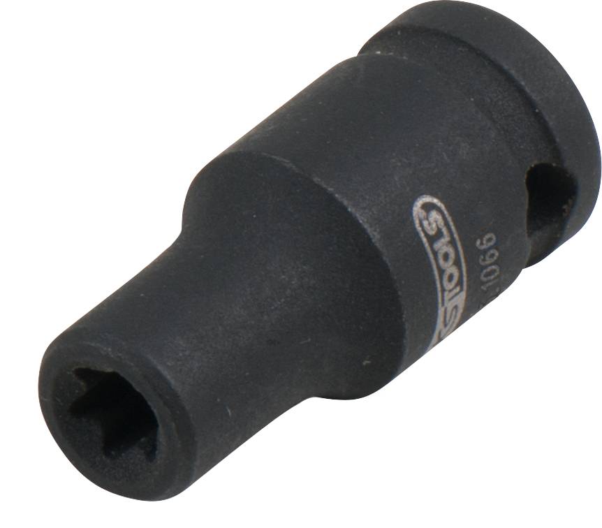 Schwarze Stecknuss mit quadratischem Ende, geeignet für Werkzeugsysteme. Kompaktes Design für einfache Handhabung bei Montagearbeiten.