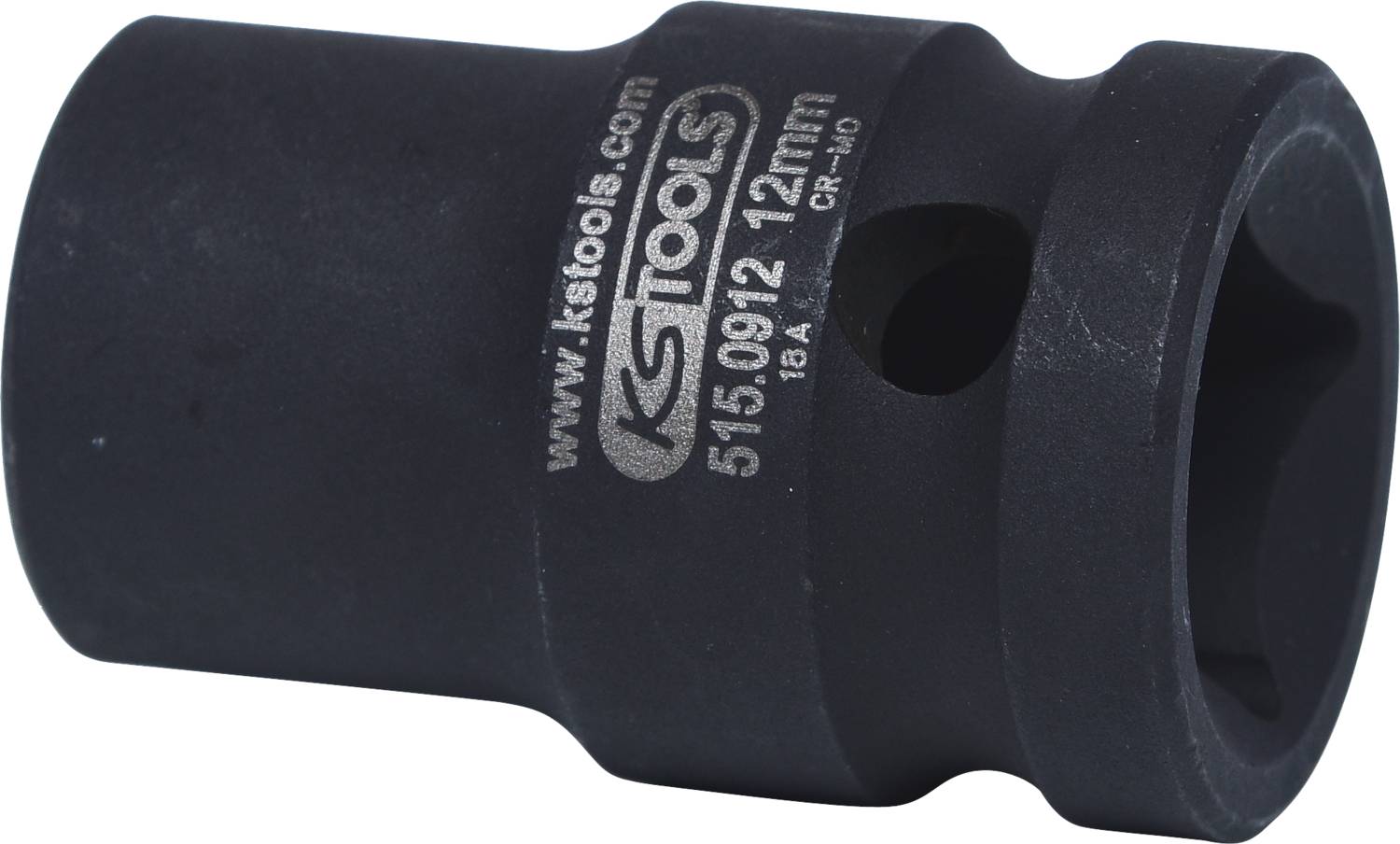 Ein schwarzer Steckschlüsselaufsatz mit der Aufschrift 'KS Tools 515.0912 12 mm'. Er wird zum Lösen von Schrauben und Muttern verwendet.