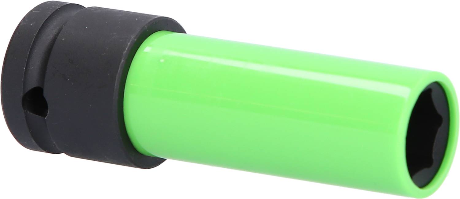 Grüne Stecknuss mit schwarzem Adapter, seitlich liegend. Sie dient zur manuellen oder maschinellen Schraubenmontage.