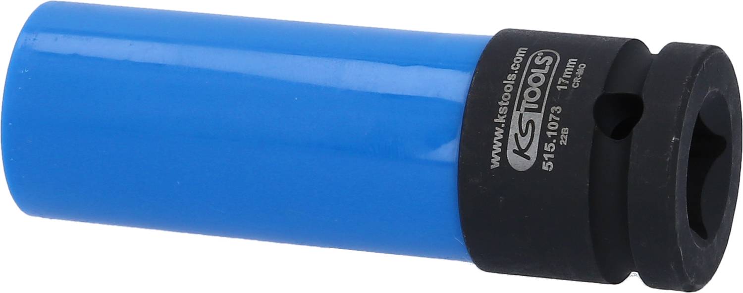 Ein blauer Steckschlüssel mit schwarzem Einsatz, auf dem 'KS Tools' steht. Gedacht für 17 mm Schraubverbindungen.