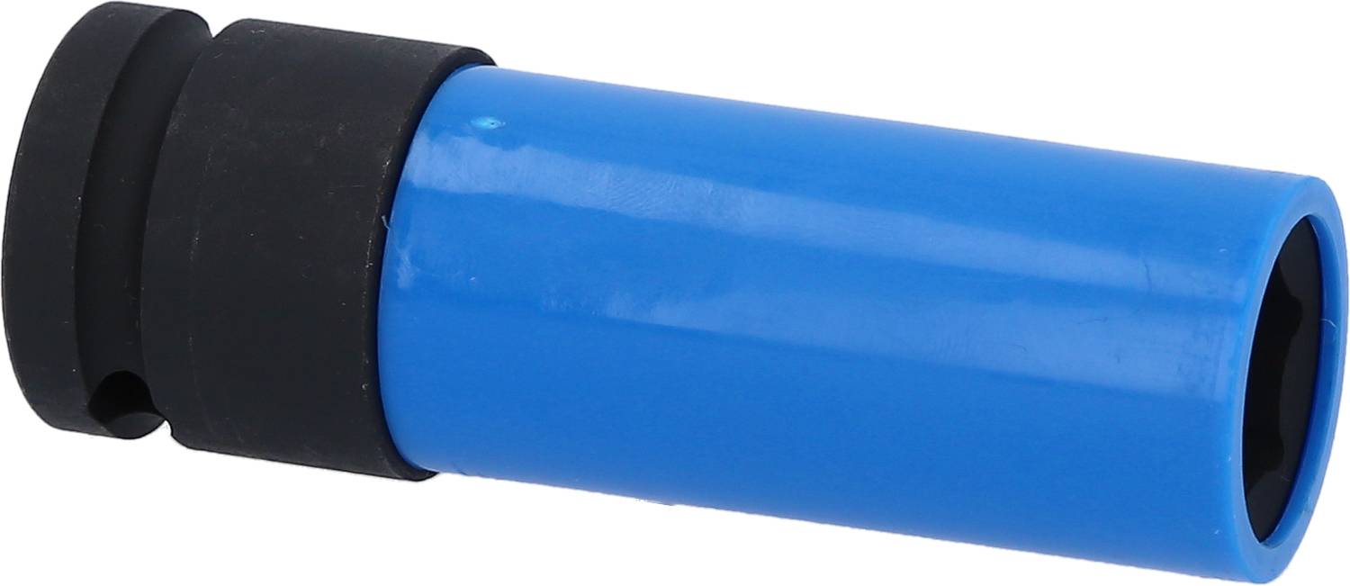 Blauer Steckschlüsselaufsatz mit schwarzem Griff, vermutlich für das Lösen oder Anziehen von Muttern oder Schrauben.