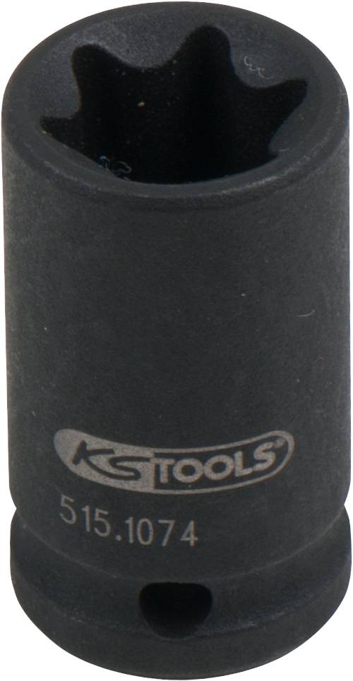 Schwarze Stecknuss mit Logo 'KSTOOLS' und der Nummer '515.1074', für Hand- oder Maschinengebrauch, zylindrische Form.