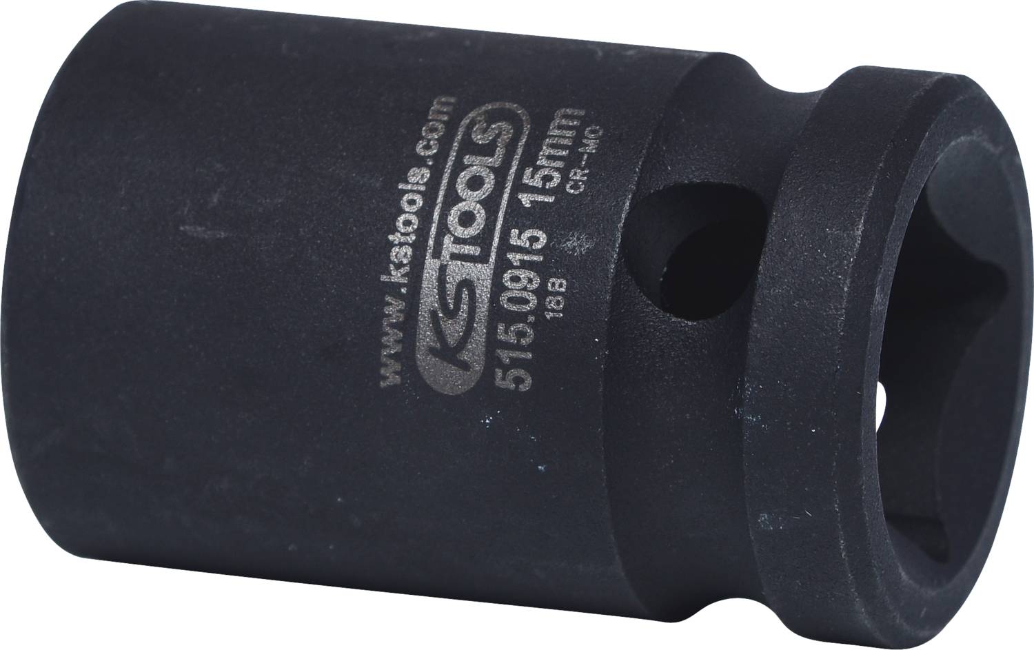 Schwarze 15 mm Stecknuss mit Aufschrift 'KS Tools' auf der Seite, aus robustem Material gefertigt. Geeignet für den Einsatz in mechanischen Arbeiten.