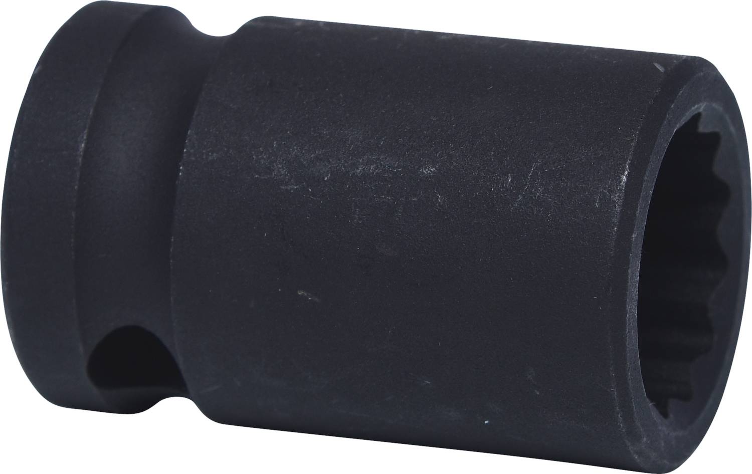 Ein schwarzer, zylindrischer Sechskant-Steckschlüsseleinsatz aus Metall, für den Einsatz mit Schrauben oder Muttern.