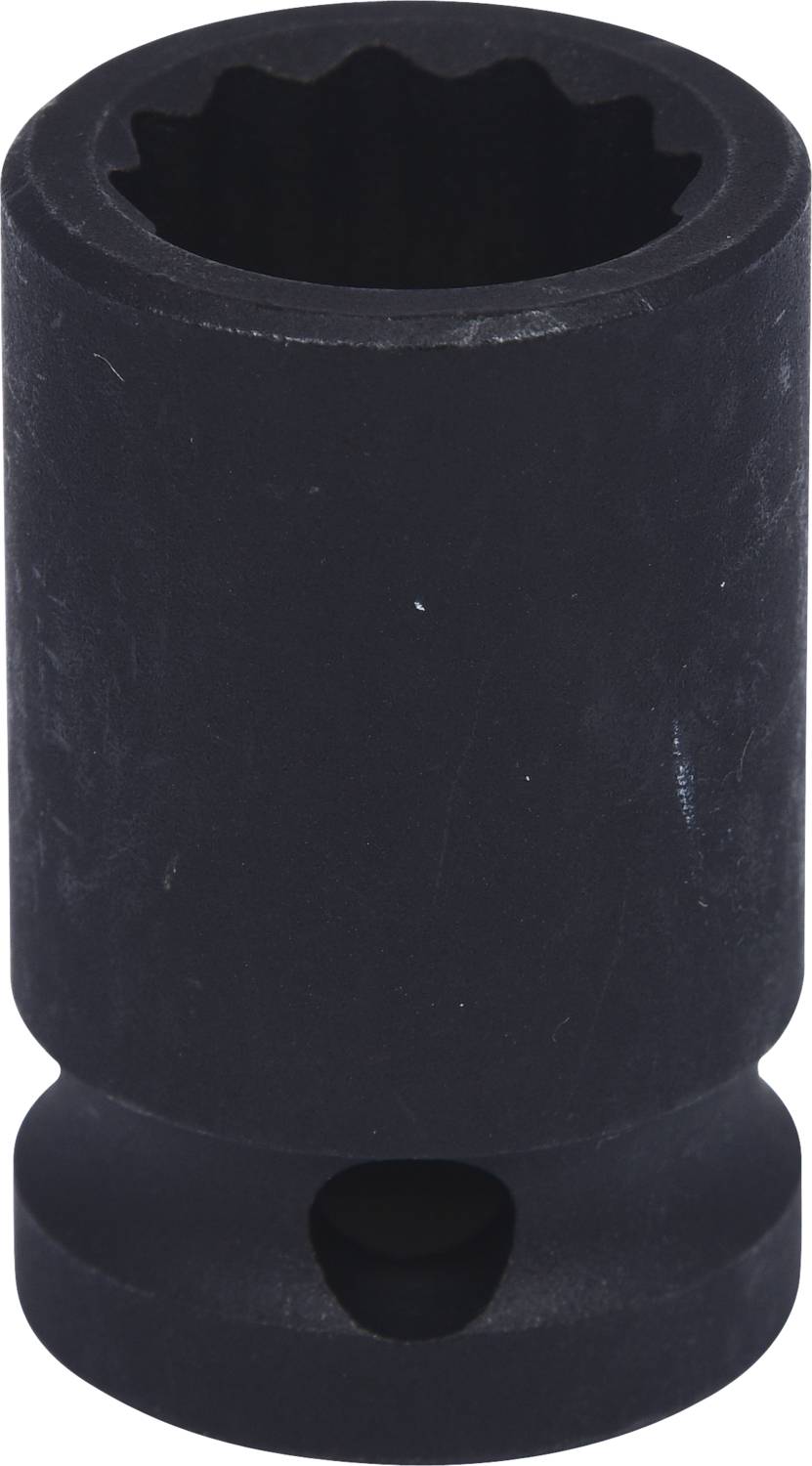 Eine schwarze Stecknuss, zylindrisch geformt, mit einem sternförmigen Innensechskant, verwendet für Schraubarbeiten.