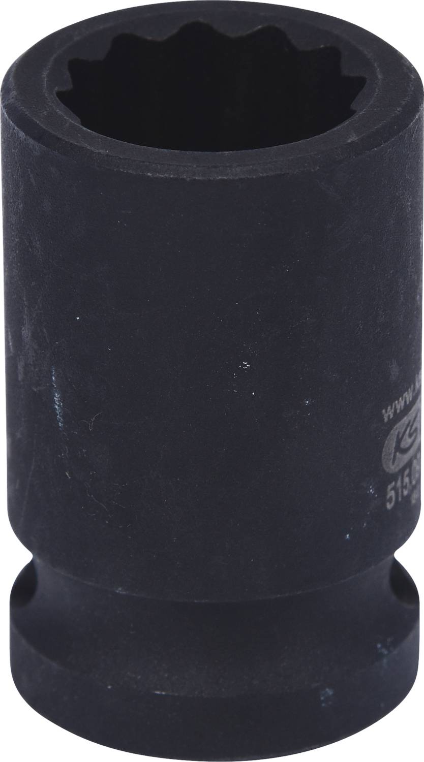 Schwarzer Steckschlüsseleinsatz aus Metall mit zwölfkantigem Innensechskant, zylindrische Form, genutzt für Schraubarbeiten.