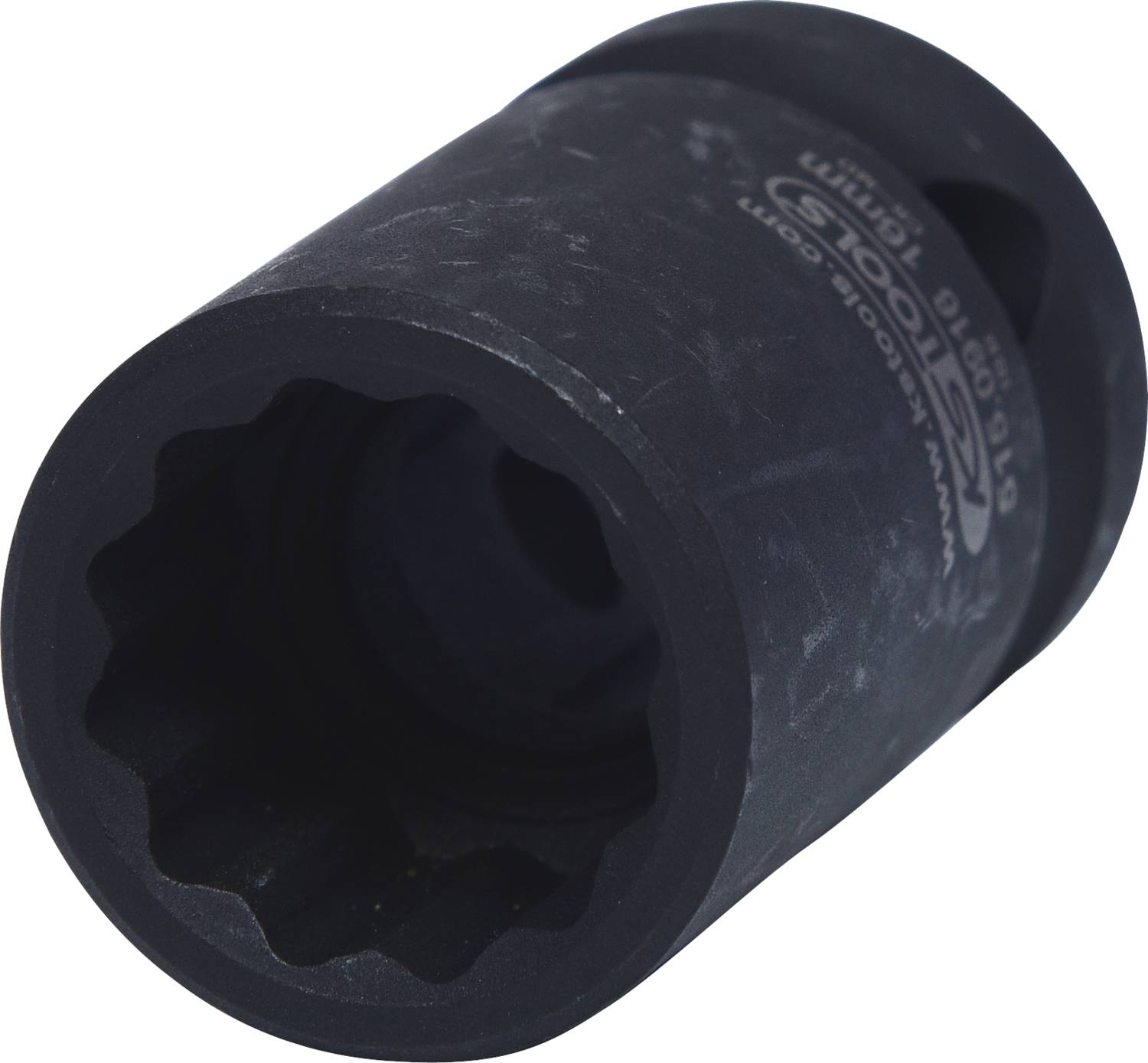 Eine schwarze Stecknuss mit Innenprofil für Schraubarbeiten, geeignet für den Einsatz mit einem Schlagschrauber.