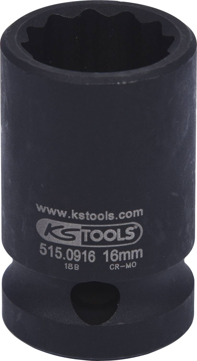 Steckschlüsselaufsatz mit der Aufschrift 'www.kstools.com KS TOOLS 16mm'. Verwendet für mechanische Arbeiten, speziell für Schraubarbeiten.