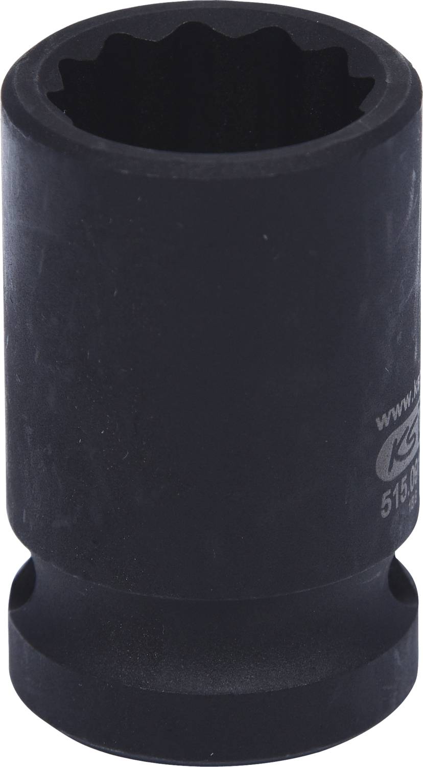 Eine schwarze, zylindrische Stecknuss mit zwölf Zähnen, geeignet für schwere Maschinenreparaturen.