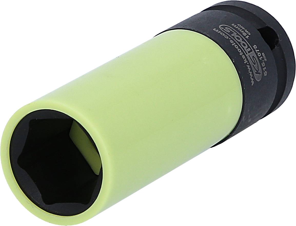 Ein hexagonaler Steckschlüssel mit schwarz-grüner Ummantelung, verwendet für das Anziehen oder Lösen von Schraubenmuttern.