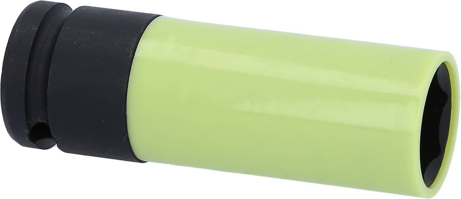 Grüner und schwarzer Metalleinsatz, möglicherweise ein Werkzeug-Aufsatz, zylindrisch geformt.