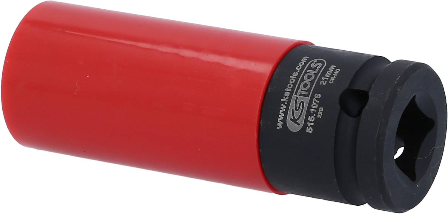 Steckschlüsselaufsatz mit roter und schwarzer Ummantelung, Beschriftung 'KS Tools'. Verwendet zum Lösen oder Anziehen von Schrauben.