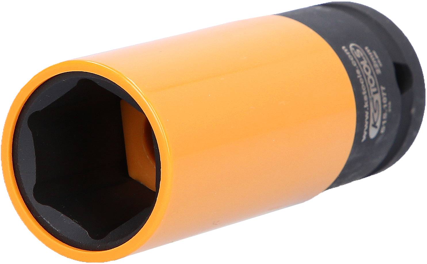 Ein gelber, zylindrischer Steckschlüsselaufsatz, meist verwendet im Kfz-Bereich, zeigt eine sechseckige Öffnung und eine schwarze Basis.