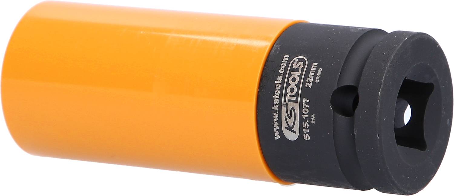 Gelber Steckschlüsselaufsatz mit schwarzer Halterung und der Gravur 'www.kstools.com, 24mm'. Werkzeug zur Befestigung verschiedener Muttern.