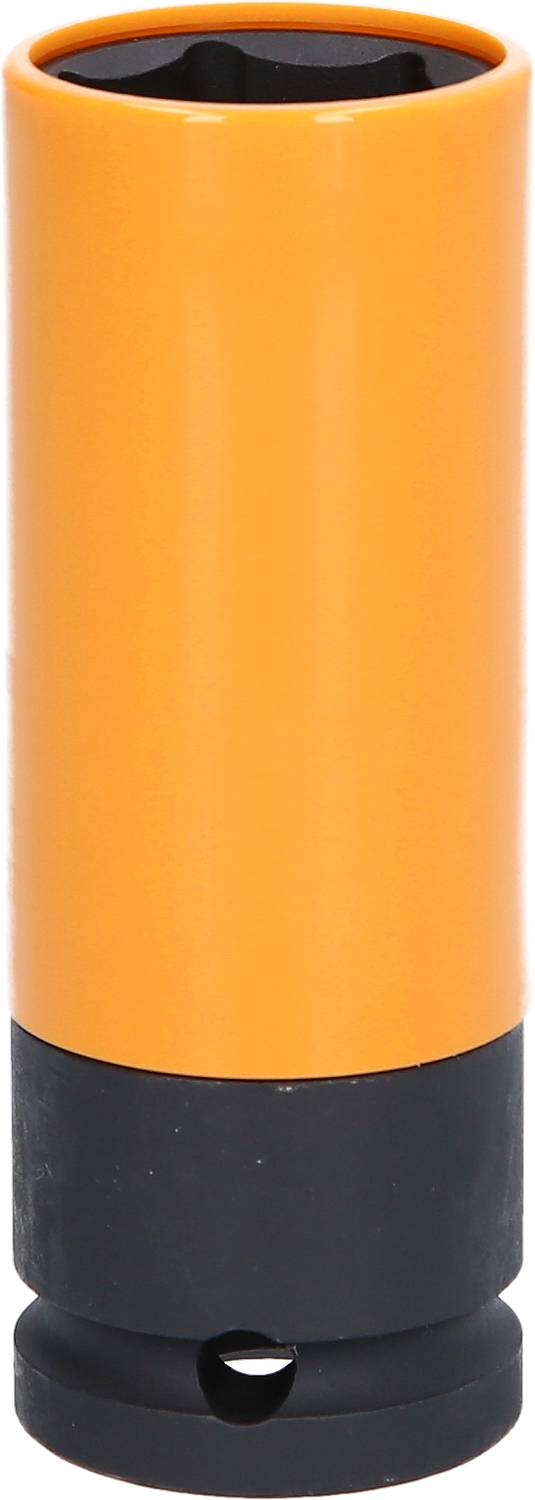 Ein orangefarbener Steckschlüssel mit schwarzem Sockel, geeignet für die Verwendung mit einem Schraubenschlüssel.