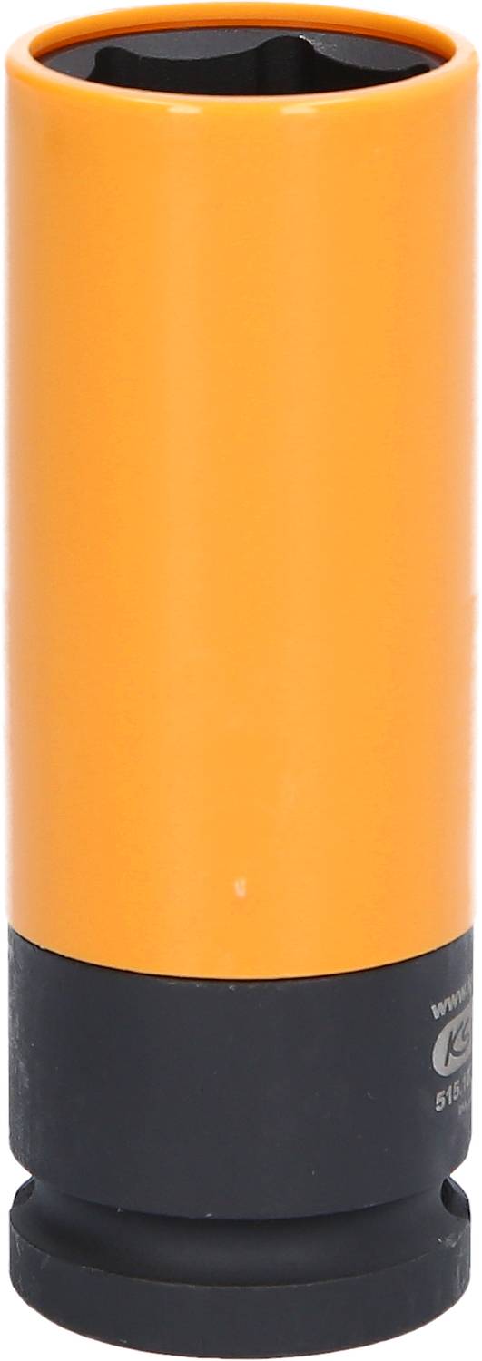 Ein zylinderförmiges, oranges Werkzeug mit schwarzem Sockel, vermutlich ein Steckschlüssel für Kfz-Reparaturen oder Maschinenarbeit.