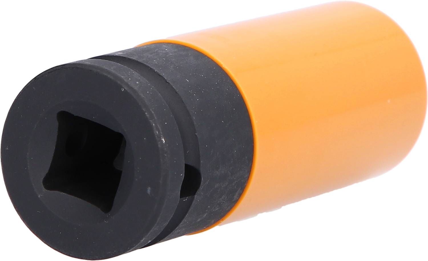 Ein orangefarbener, zylindrischer Adapter mit schwarzem, quadratischem Anschluss, vermutlich für mechanische oder technische Anwendung.