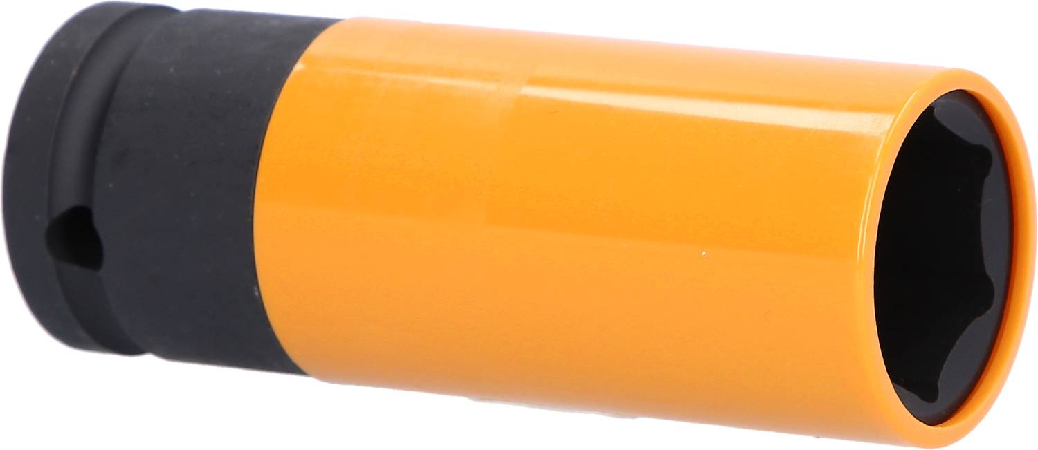 Ein langer, zylindrischer Steckschlüssel mit gelber Ummantelung und schwarzer Spitze, verwendet zum Anziehen und Lösen von Schrauben.
