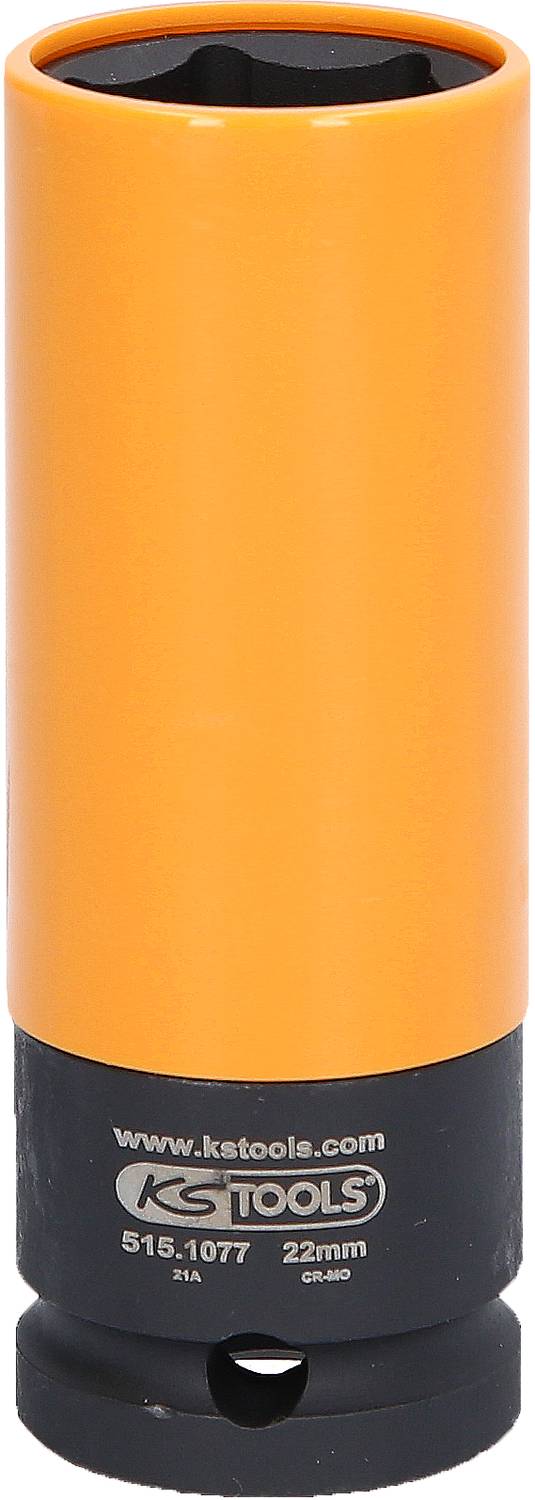 Bild eines gelben Steckschlüssels mit schwarzer Basis, 22 mm Größe, aufrecht stehend. Darauf steht 'KS TOOLS'.