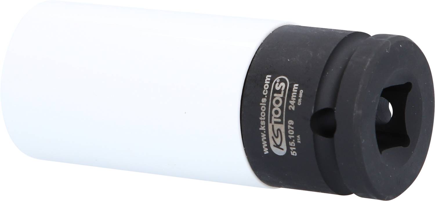 Ein weißer Steckschlüssel mit schwarzem Sechskant-Schluss, 24 mm Größe, von KS Tools. Dient zum Anziehen oder Lösen von Muttern und Schrauben.