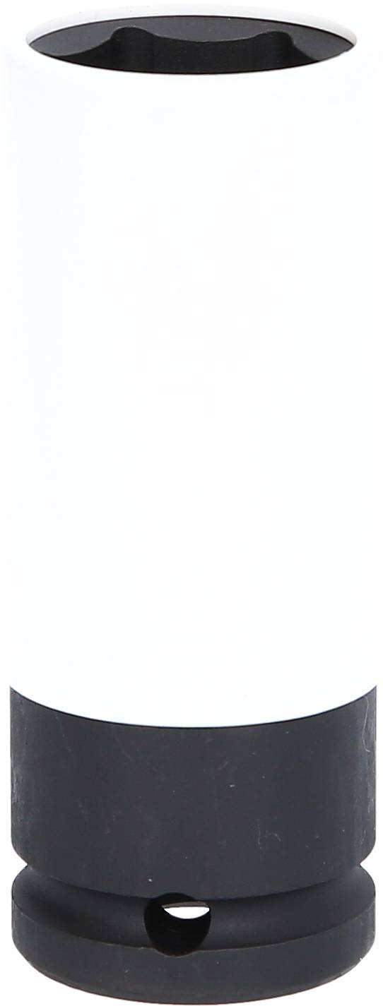 Ein zylindrisches, weiß-schwarzes Metallwerkzeug, vermutlich eine Nuss, verwendet zum Anziehen oder Lösen von Schrauben oder Muttern.