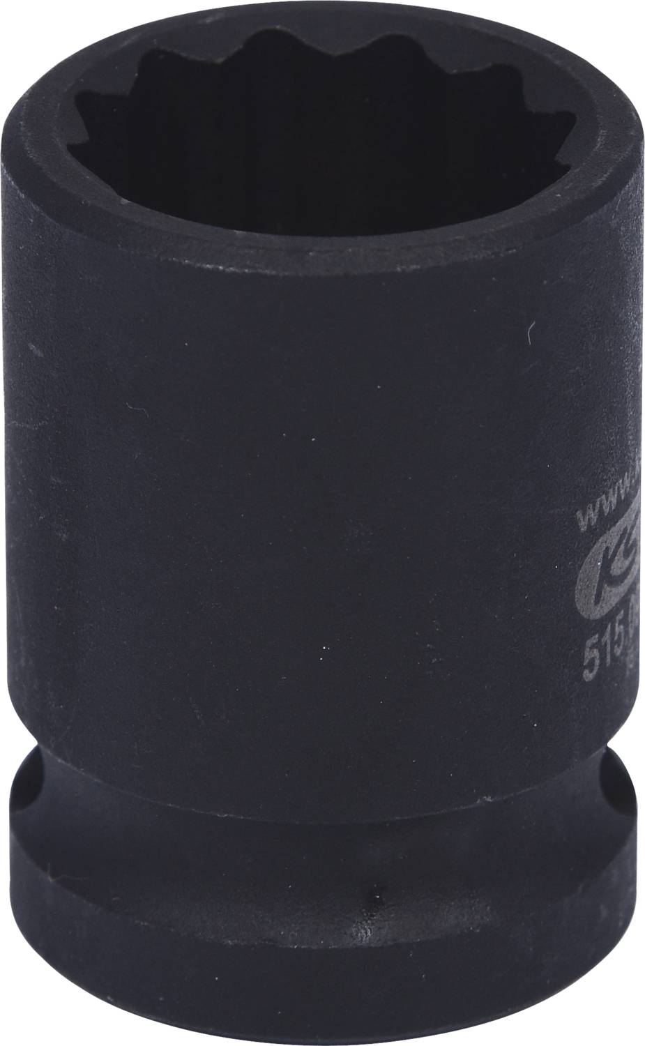 'Schwarze Stecknuss' mit einem zwölfzahnigen Profil, häufig verwendet im Maschinenbau zur Befestigung von Muttern und Schrauben.