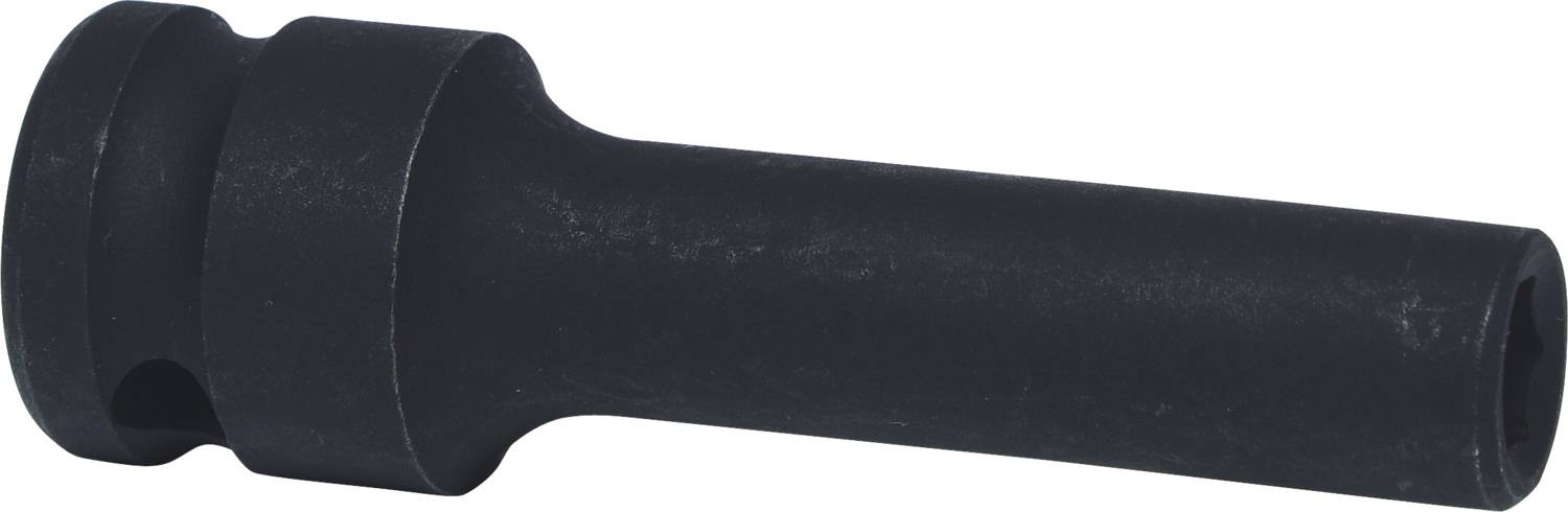 Ein schwarzes, zylindrisches Metallteil mit breitem Kopf und schmalem, langem Schaft. Möglicherweise ein Werkzeug- oder Maschinenzubehör.