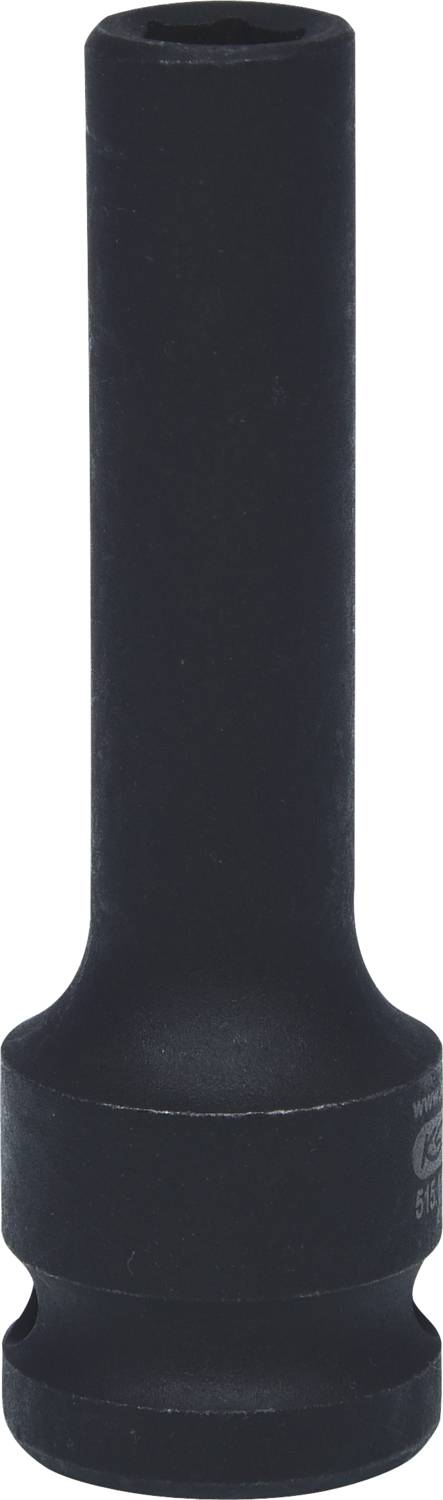 Langer, schwarzer Steckschlüsselaufsatz mit sechskantiger Öffnung und leicht geriffeltem Griffabschnitt.