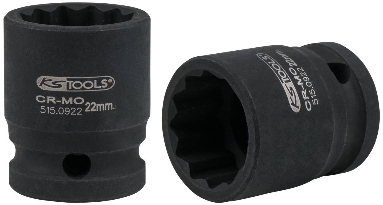 Zwei schwarze Stecknüsse mit der Aufschrift 'KS Tools CR-MO 515.0922 22mm'. Sie sind sechskantig und für 22-mm-Schrauben geeignet.